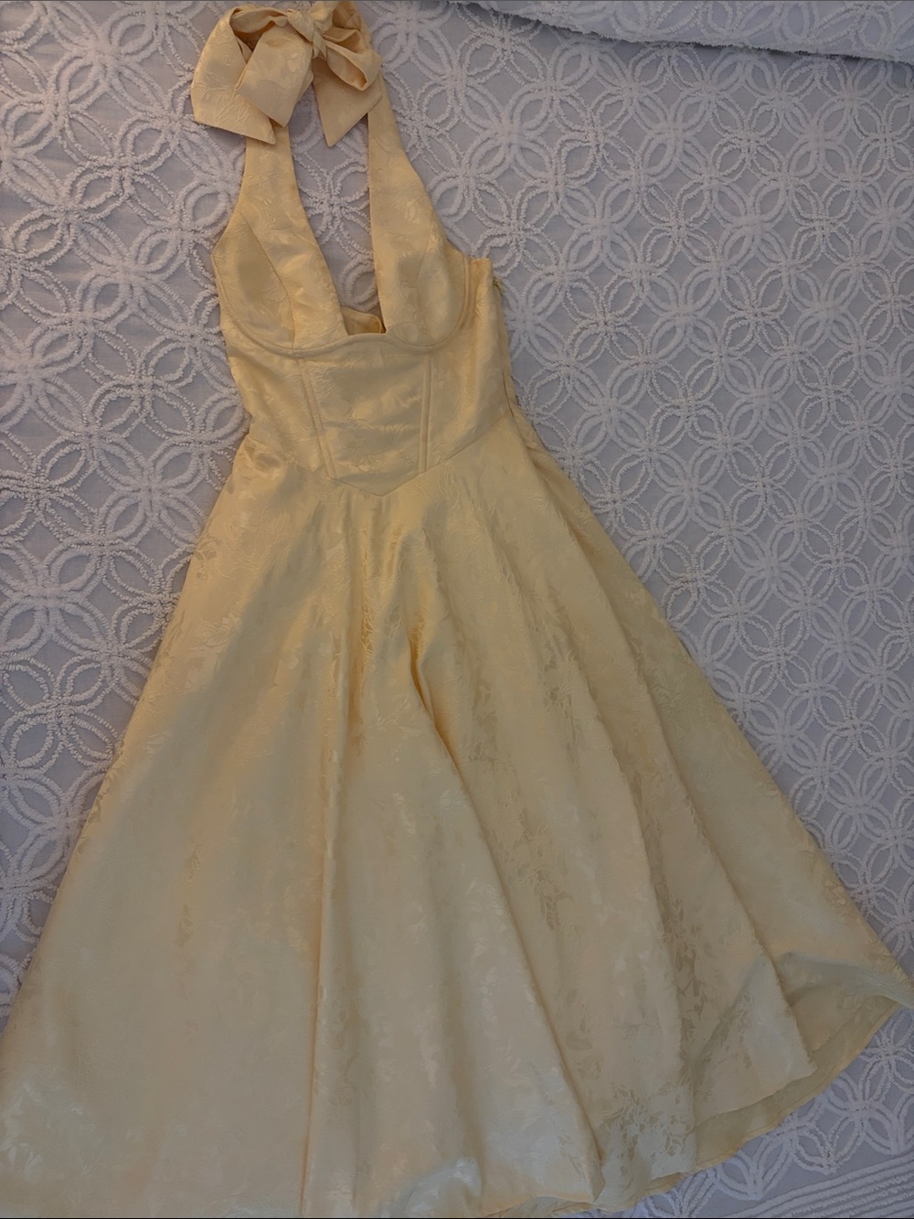 Yellow Halter Floral Jacquard Prom Dress